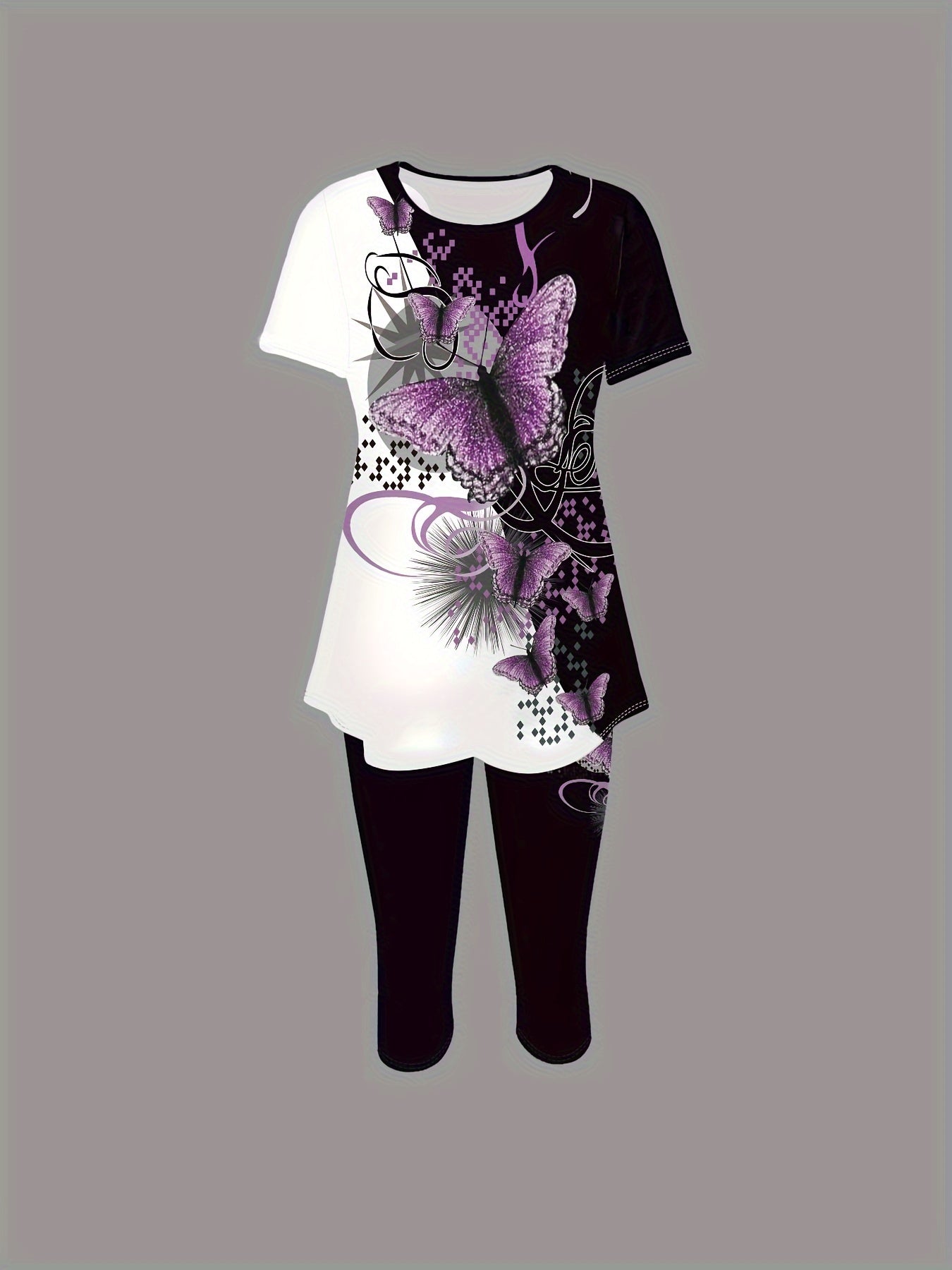 1set Women's Casual Butterfly Print Short Sleeve Top and Capri Pants Set, Polyester Knit Fabric, Crew Neck, All-Season Comfort Fit, European And American Style, Bottom Set, Leisure Style, ALL/Global/All